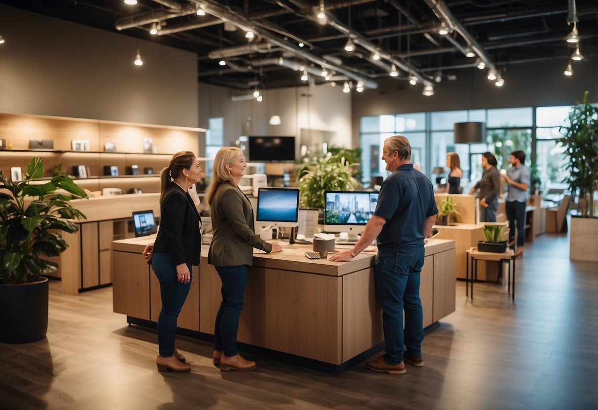 Customers browse furniture displays, test comfort, and consult staff. Bright lighting and spacious layout create a welcoming atmosphere