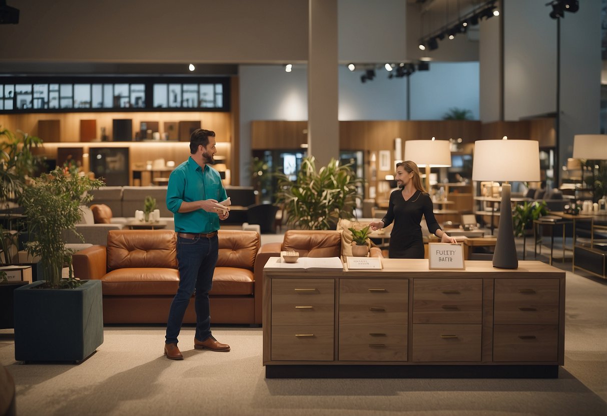 Customers browsing through furniture displays, a staff member assisting, and a sign with "Frequently Asked Questions" at the imm furniture shop