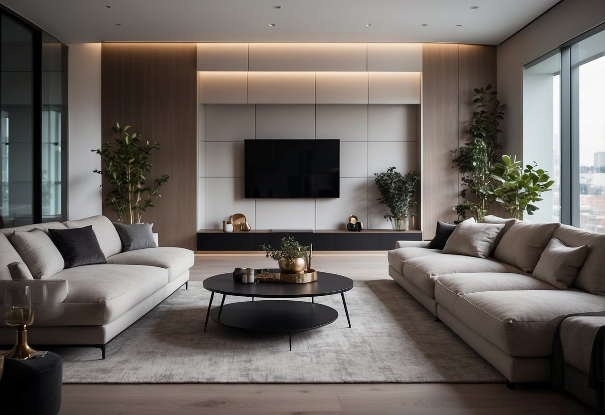 A modern living room with sleek, minimalist furniture pieces arranged in a spacious and well-lit setting