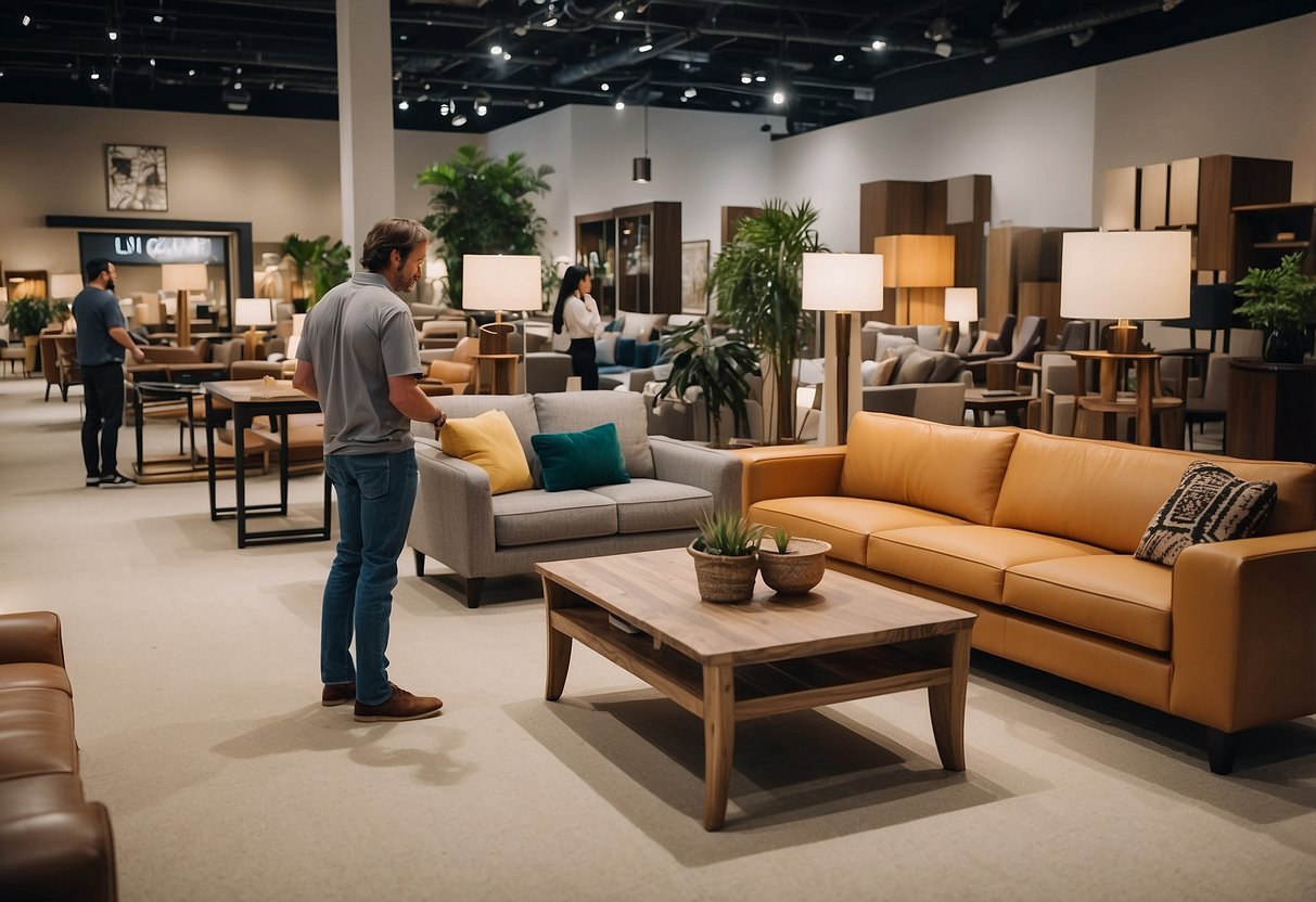 Customers browsing through a wide variety of furniture displayed in a spacious showroom at 888 Furniture