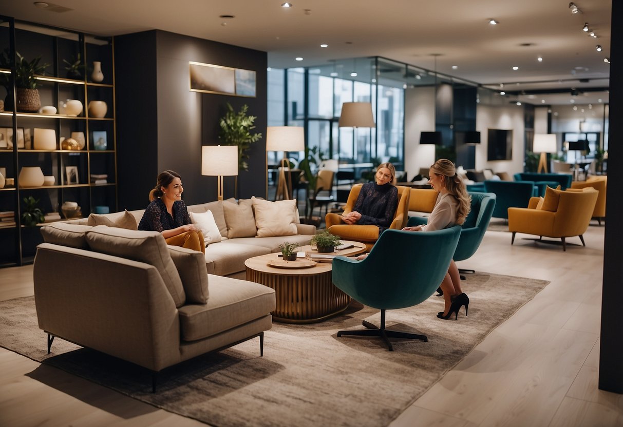 A customer service representative assists a client at a sleek and modern furniture store, surrounded by stylish and comfortable pieces