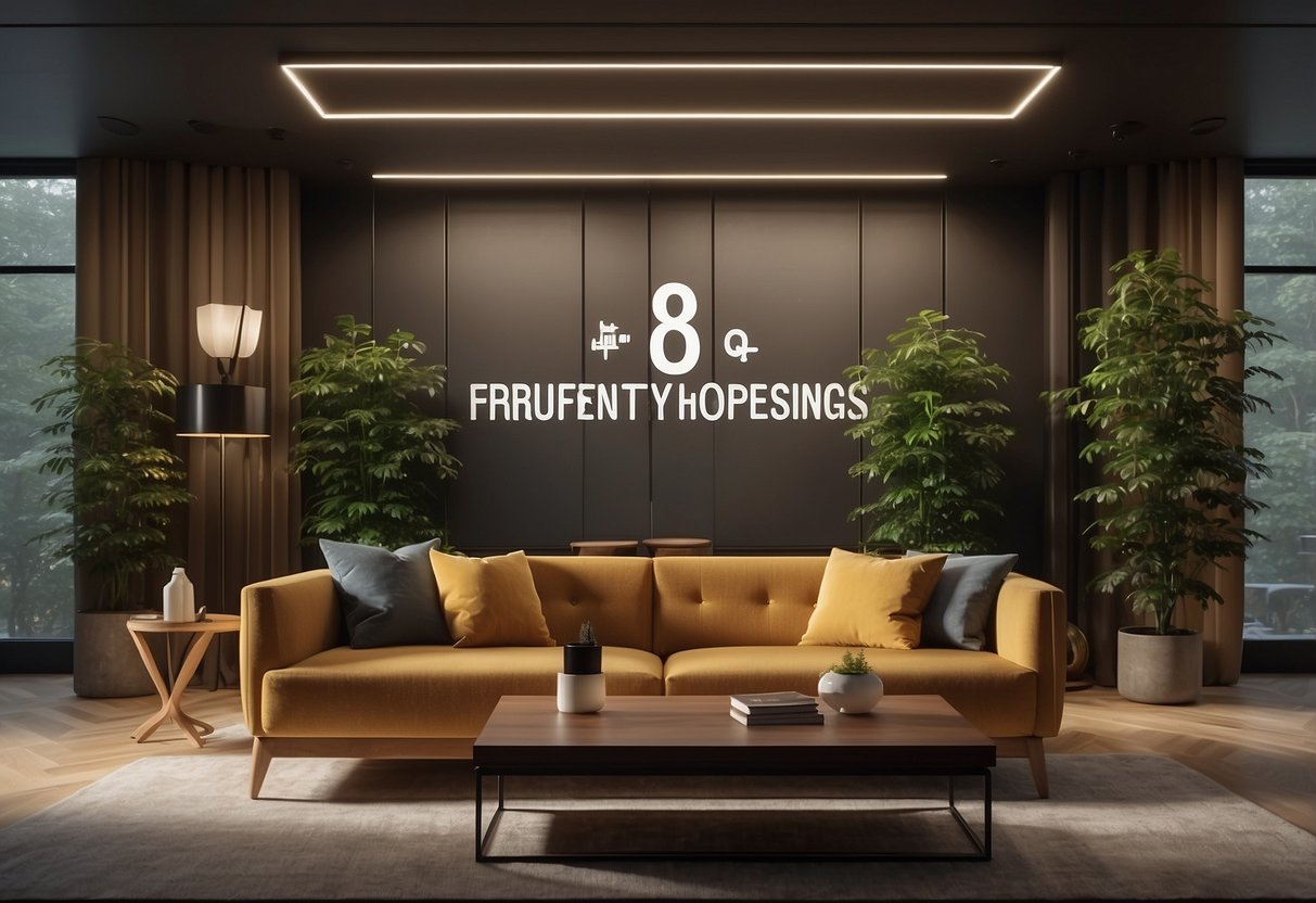A room filled with various furniture pieces, including sofas, tables, and chairs, with a prominent "Frequently Asked Questions 888" sign displayed