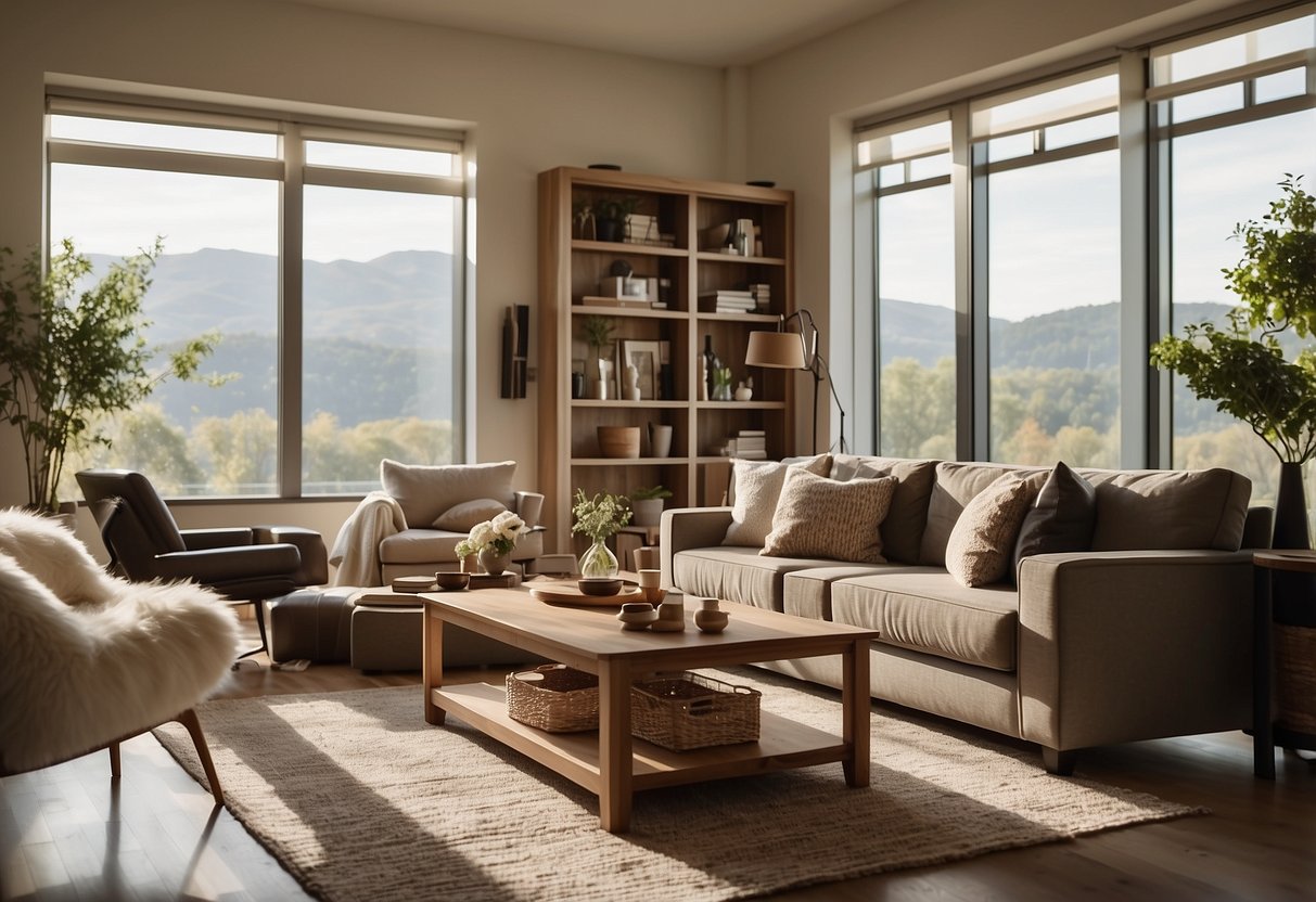A cozy living room with a modern sofa, coffee table, and bookshelf, all from Walker Furniture. The room is bathed in warm natural light from a large window