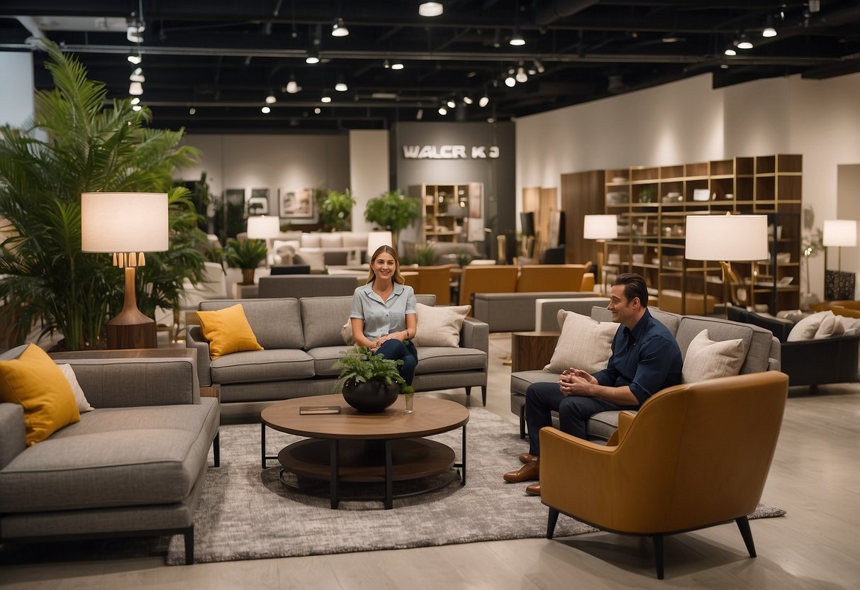 Customers browsing modern furniture displays in a spacious showroom at Walker Furniture, with friendly staff assisting and a relaxed shopping atmosphere