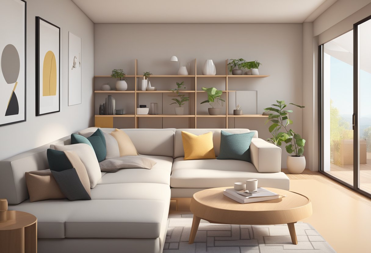 A minimalist living room with clean lines, light wood, and simple, functional design. A sleek sofa, angular coffee table, and geometric shelves complete the scene