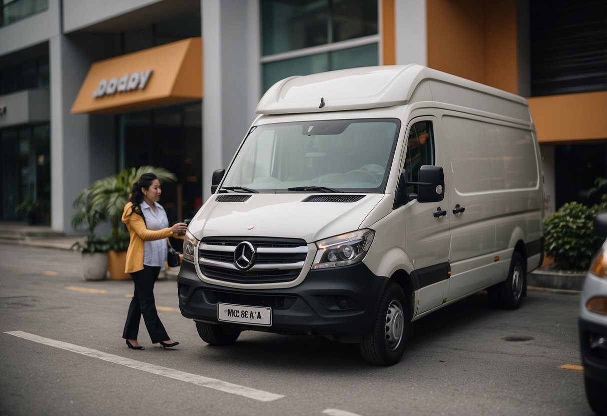 A delivery truck parked outside Milan Furniture Johor with a customer service representative assisting a customer with their purchase