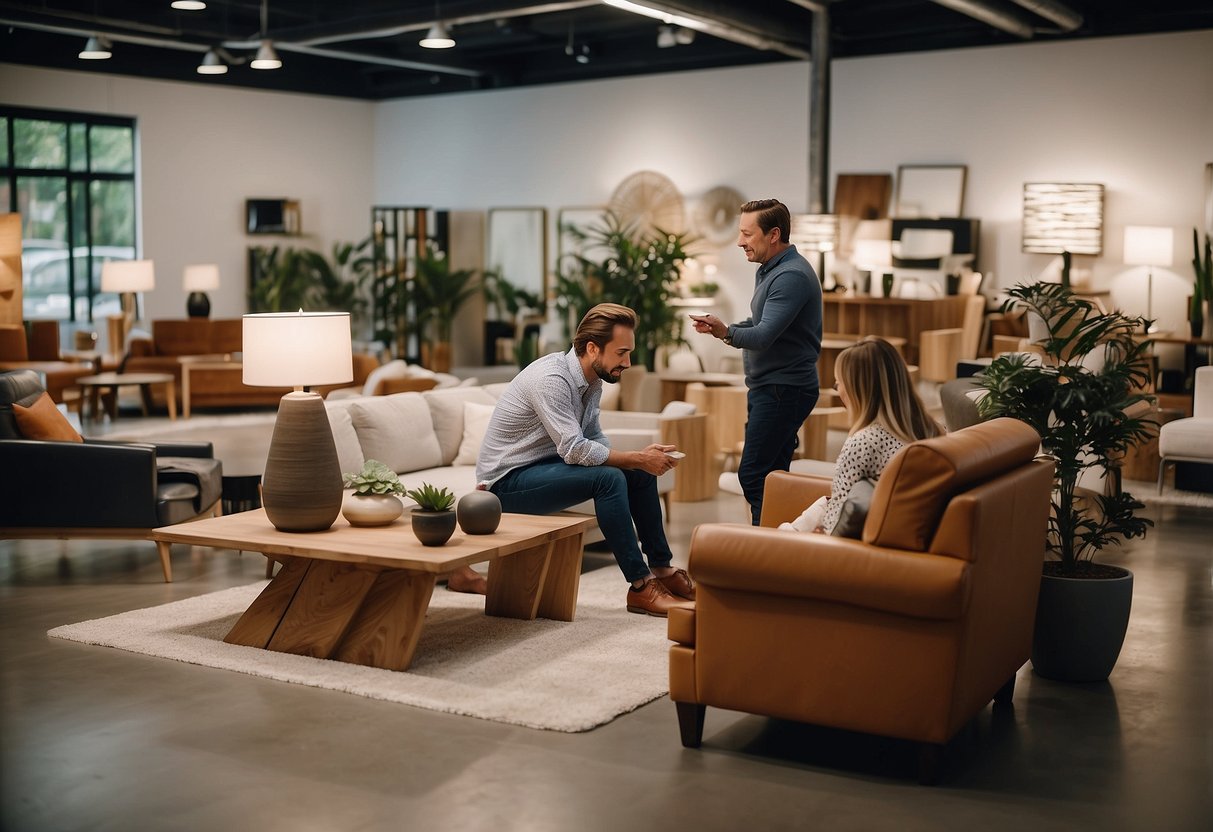 A customer browsing through a showroom of furniture, with a sales associate nearby answering frequently asked questions