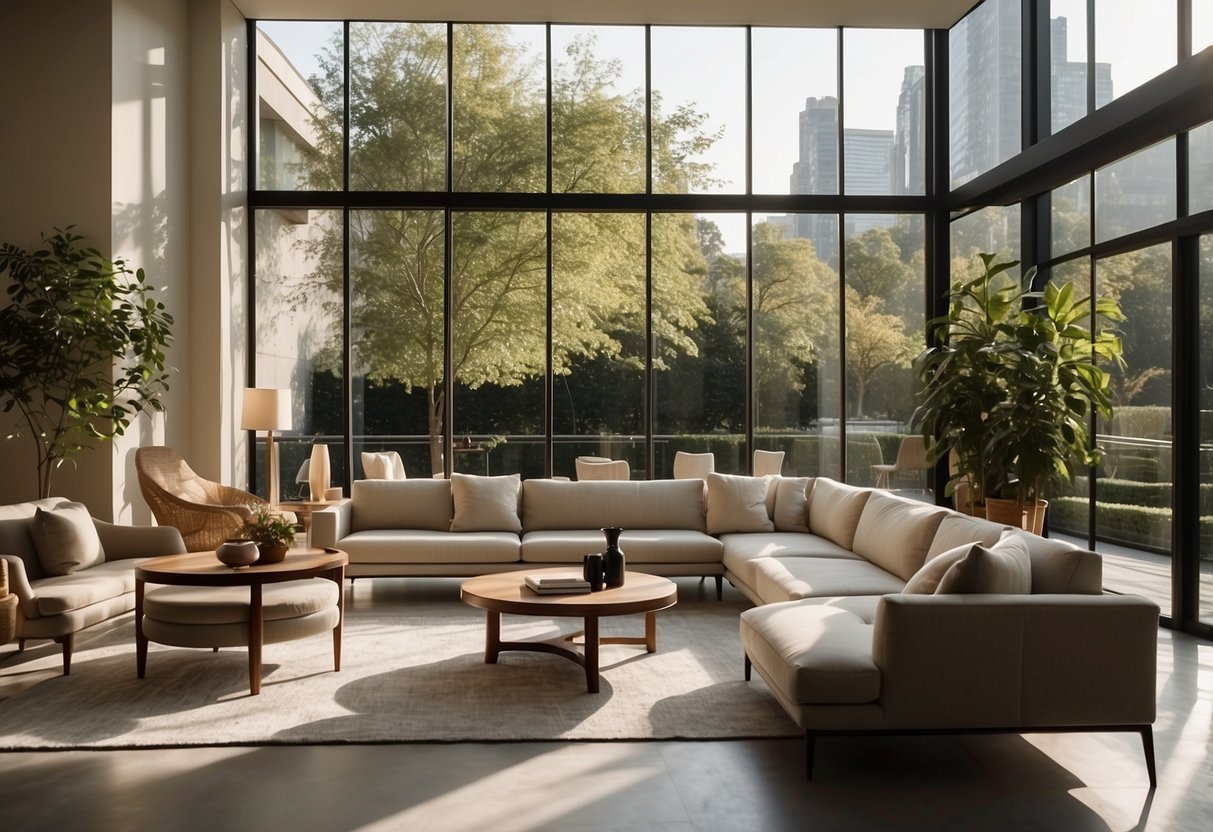An airy furniture store with modern, minimalist designs. Sunlight streams in through large windows, casting a warm glow on sleek sofas and elegant tables