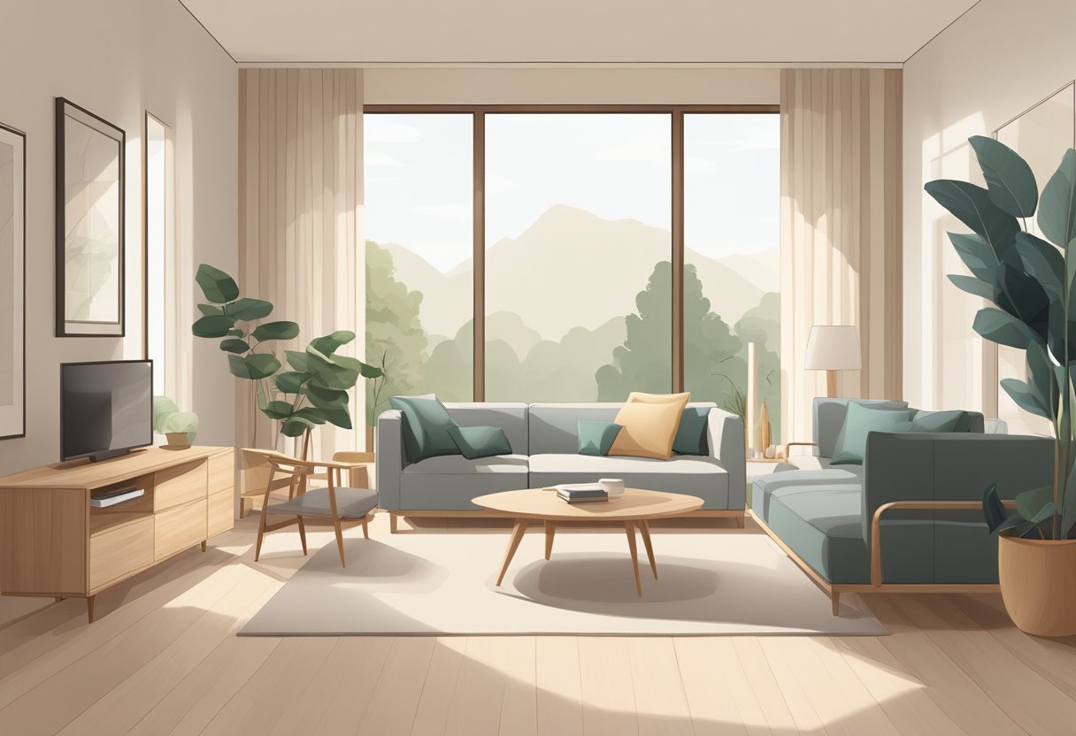 A room filled with clean lines, minimalistic furniture, and natural materials. Light wood tones, simple shapes, and functional yet elegant designs