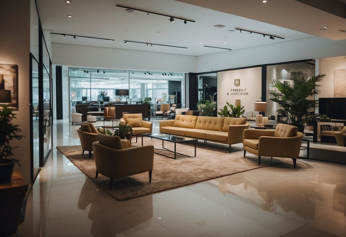 A bustling showroom with modern furniture displays and a sign reading "Frequently Asked Questions milan furniture johor."