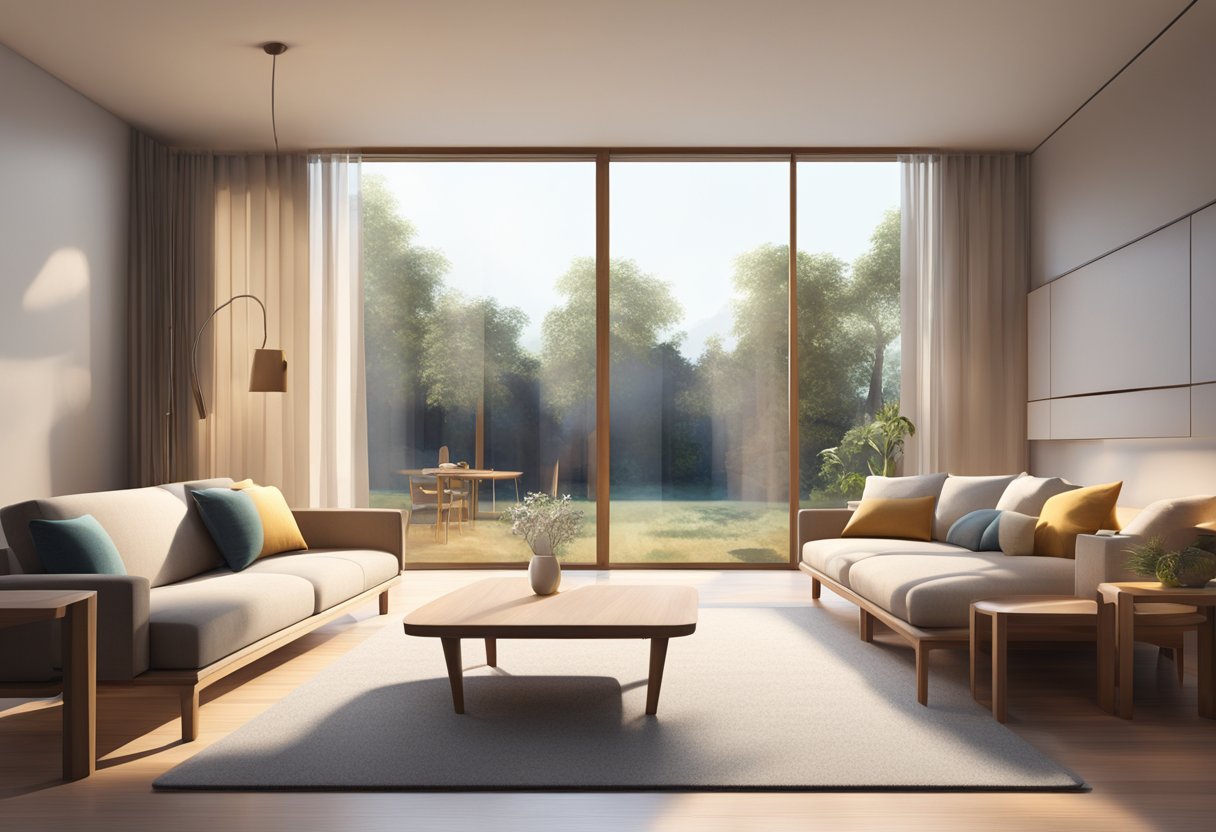 A minimalist living room with sleek, wooden furniture and clean lines. Light floods in from large windows, illuminating the space