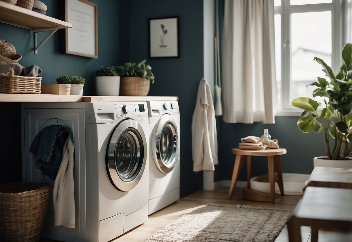 A washing machine surrounded by furniture in a modern laundry room