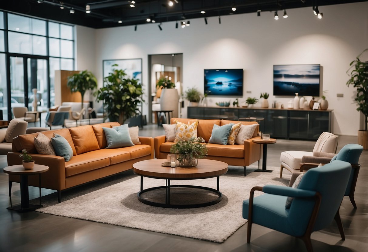 Customers browse air furniture in a modern, spacious showroom with various designs and styles on display. Bright lighting and comfortable seating areas create a welcoming atmosphere