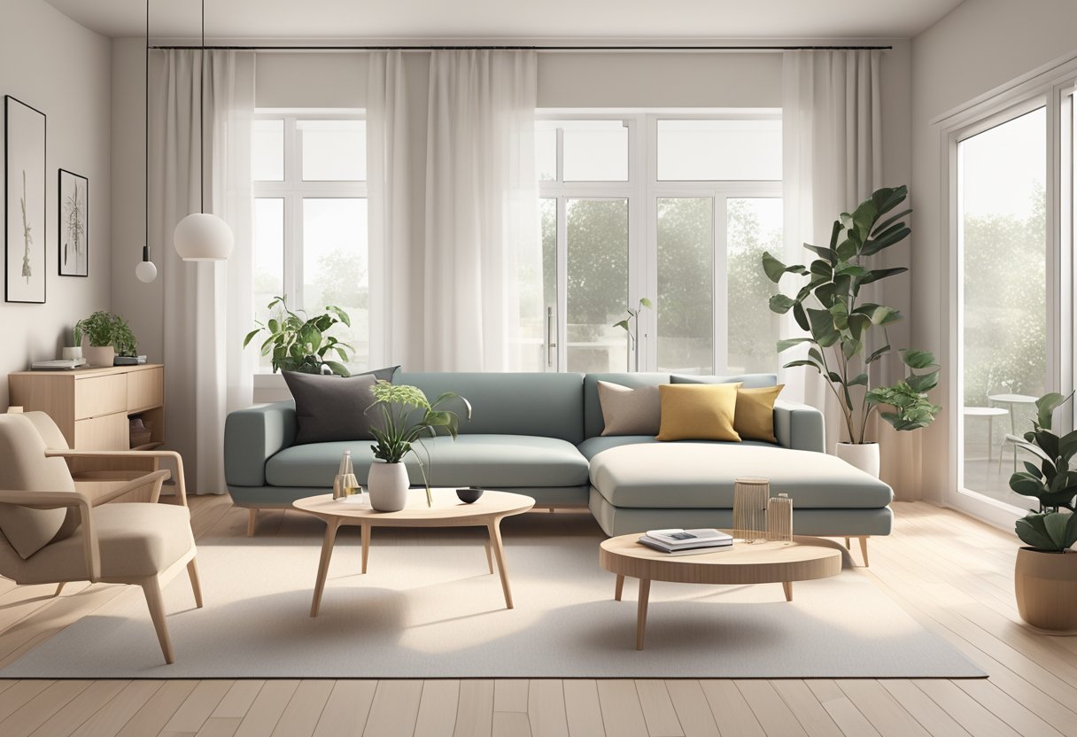 A modern living room with sleek, minimalist Scandinavian furniture arranged in a clean and uncluttered space. Light wood tones and simple, functional designs dominate the scene