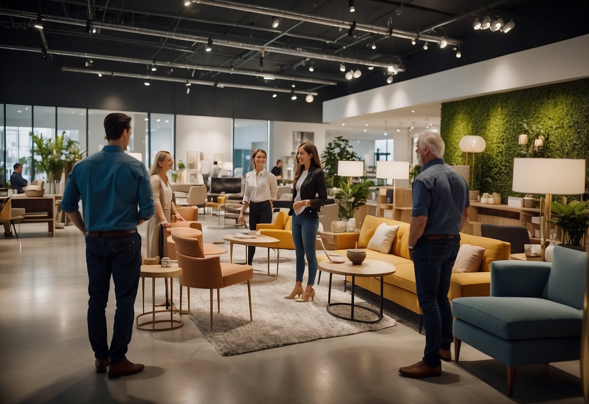 Customers browsing modern furniture displays in a spacious, well-lit showroom. Friendly staff assisting with product inquiries and purchases