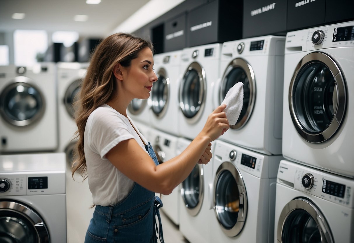 A woman carefully selects a modern washing machine from a display of various models in a spacious, well-lit appliance showroom
