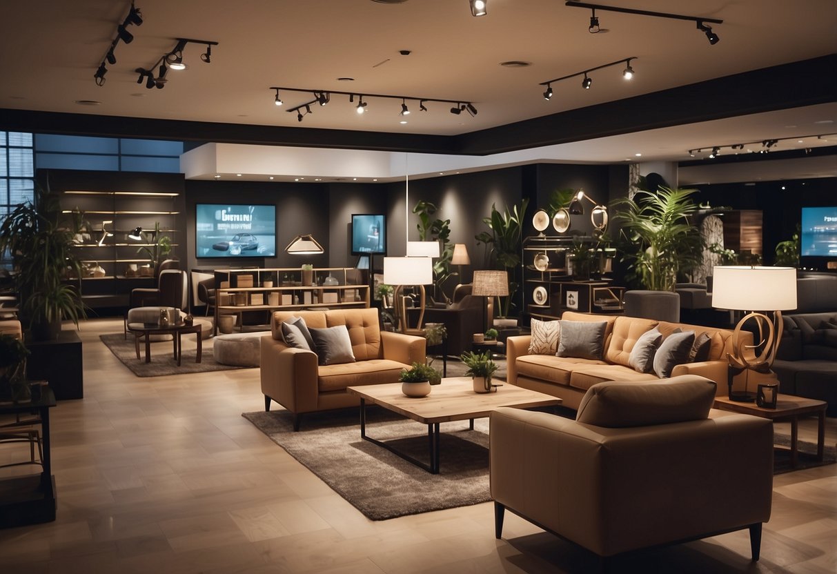 Customers browsing through a modern furniture store, with a large sign reading "Frequently Asked Questions" above a display of various air furniture items