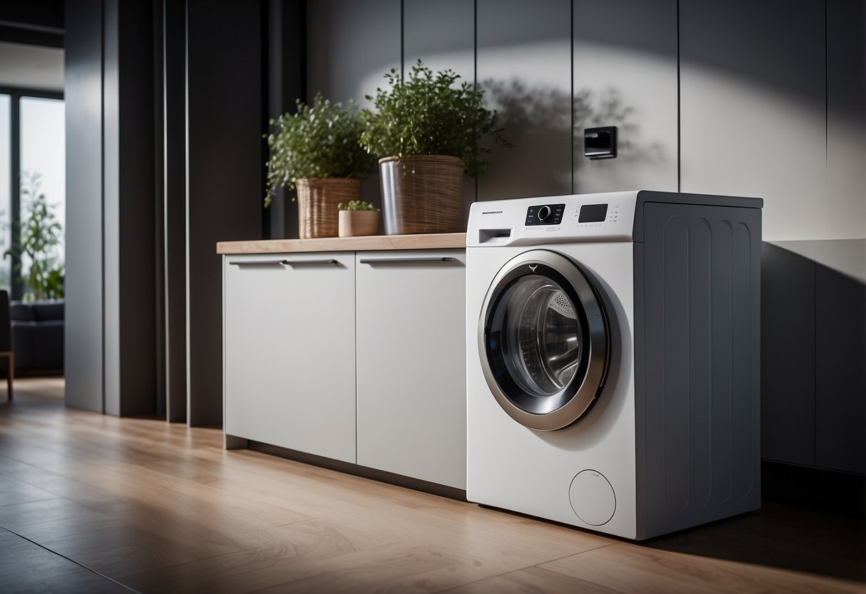 A washing machine seamlessly integrated into a sleek piece of furniture, with a seamless design and modern finish