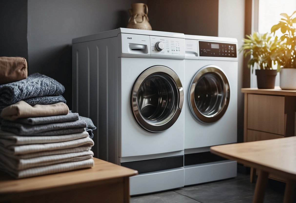 A washing machine surrounded by various pieces of furniture, with a stack of frequently asked questions documents placed on top