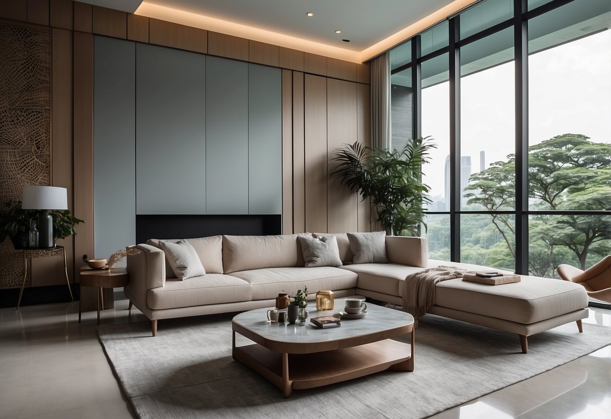 A modern living room with sleek furniture in Singapore. Clean lines, neutral colors, and natural light create a minimalist and sophisticated atmosphere