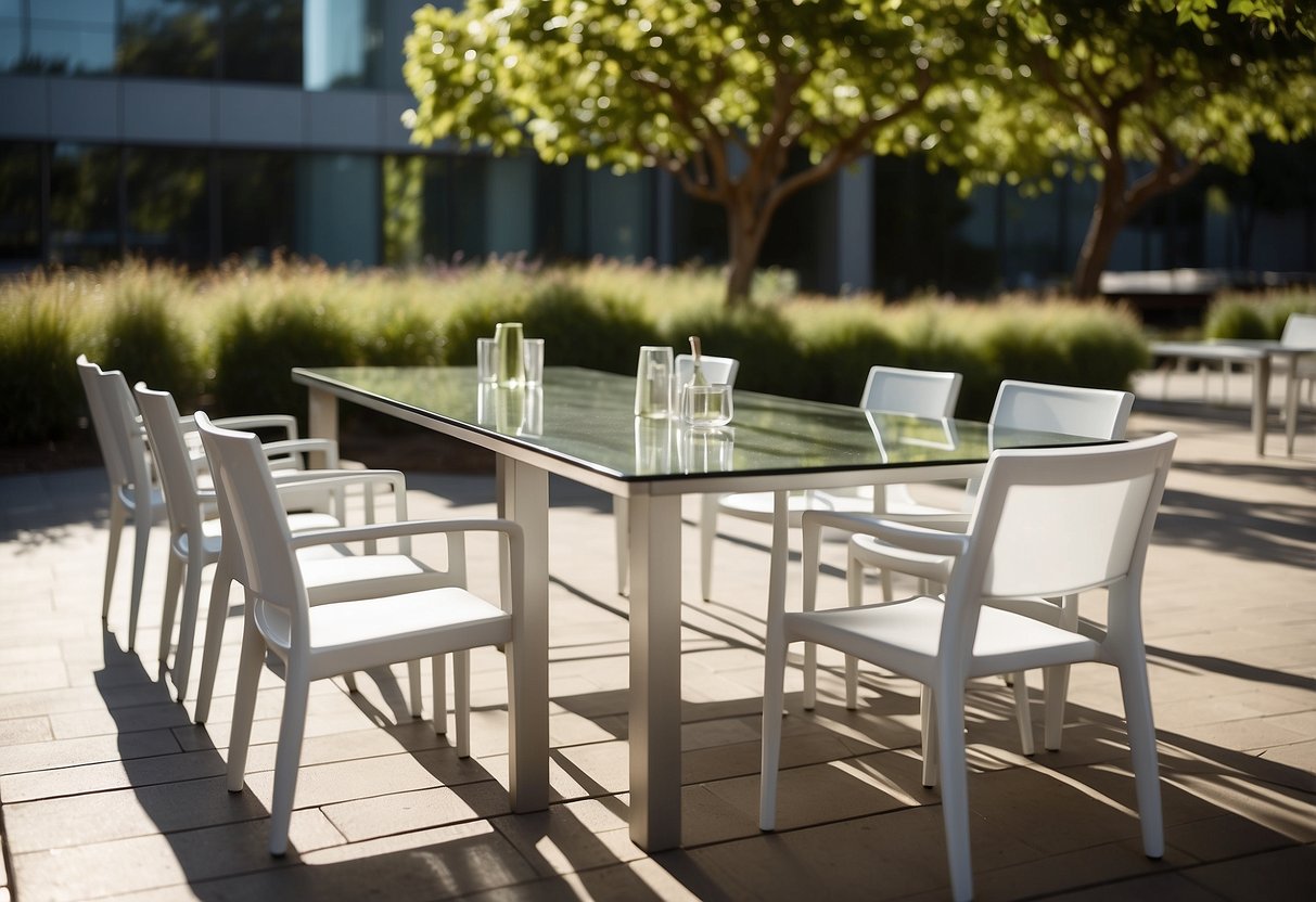 The sun shines on sleek, modern outdoor furniture at Apple Park. Glass tables and white chairs sit amidst greenery and clean lines