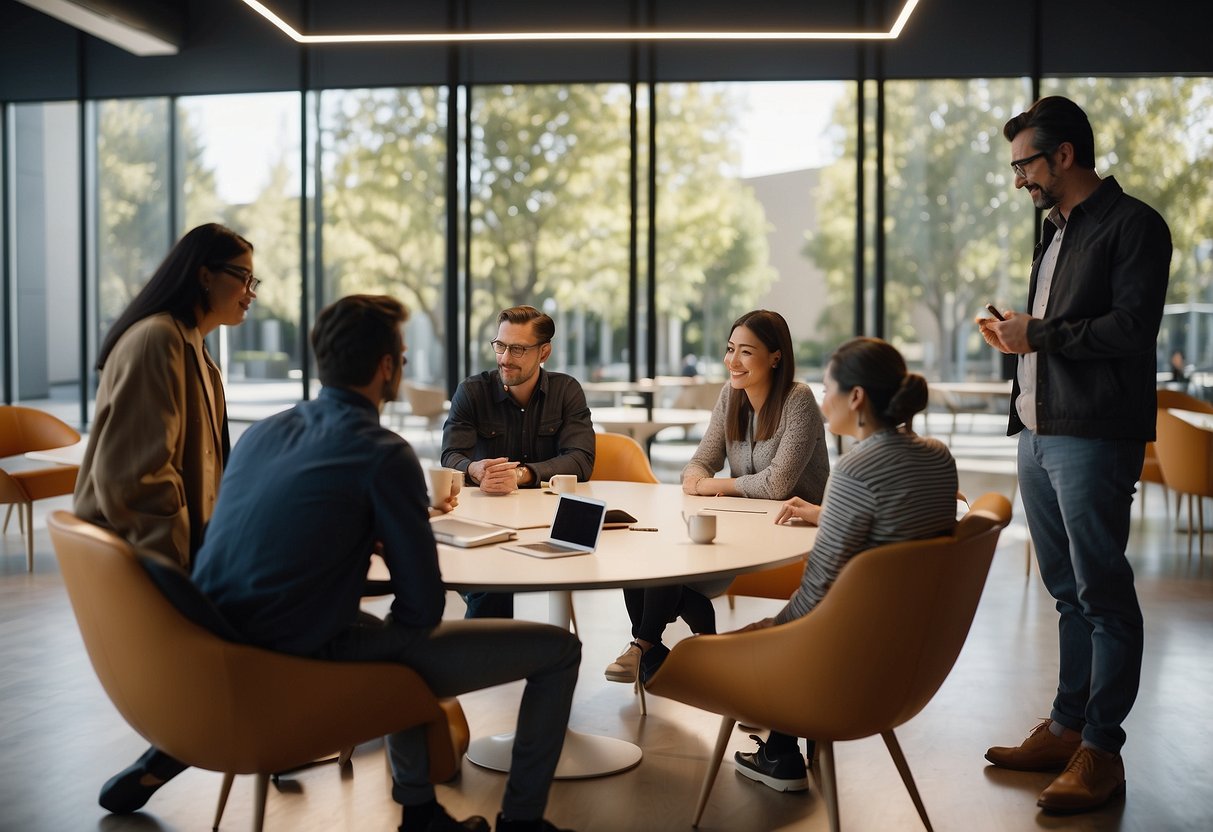 A group of designers discuss and sketch out ideas for furniture in a modern, open-concept workspace at Apple Park