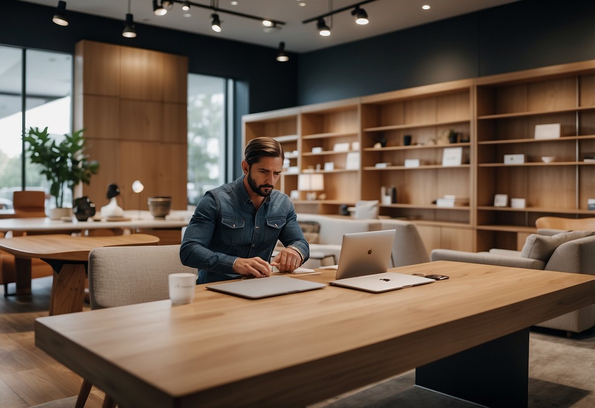 A customer selecting and customizing furniture at Apple Park Furniture showroom