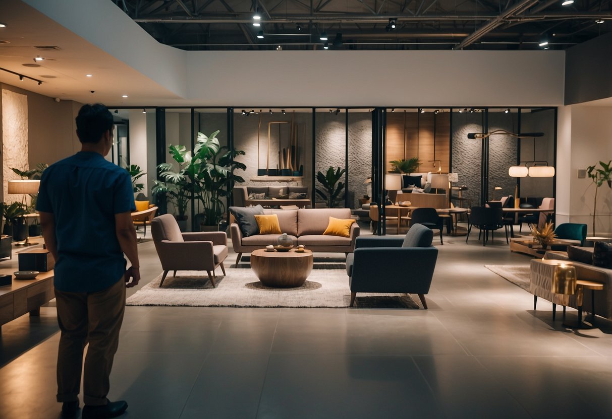 A person browsing through various furniture options in a modern showroom in Singapore