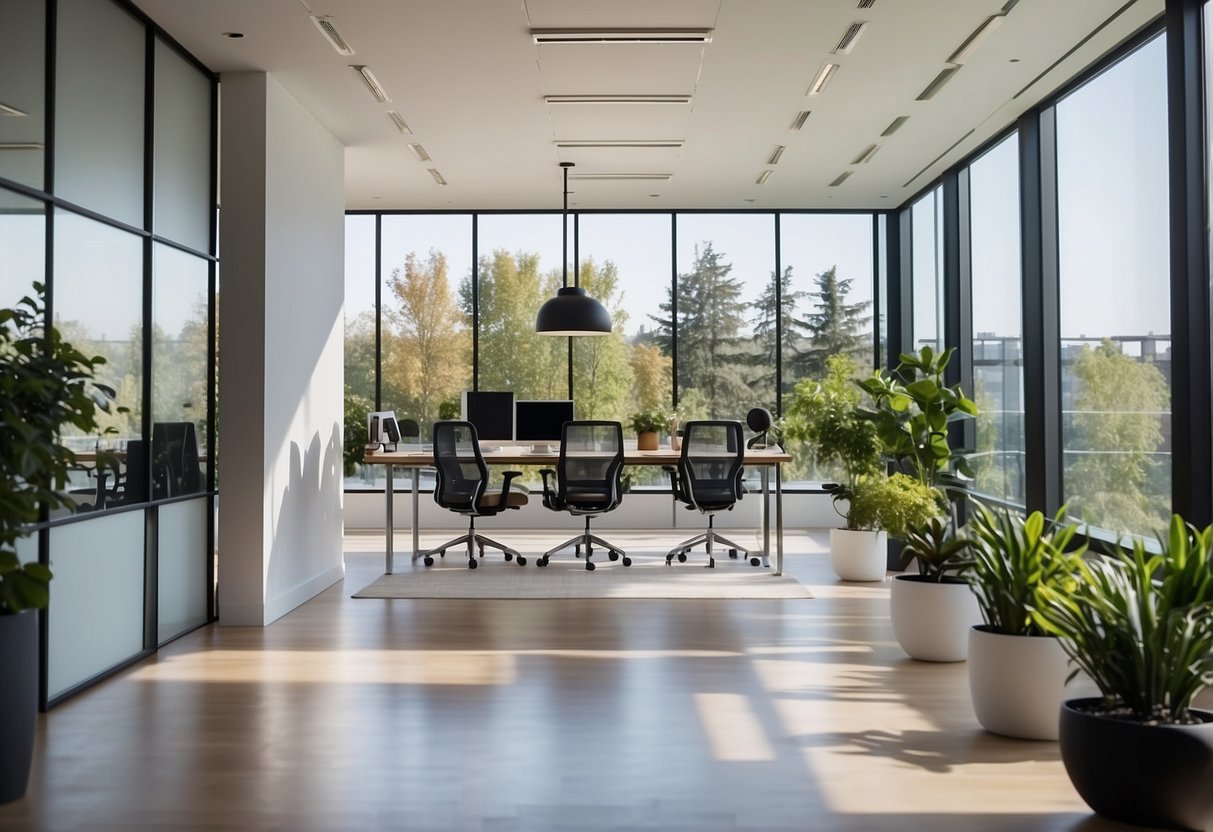 A modern office setting with sleek, minimalist furniture arranged in an open layout. The space is bright and airy, with large windows offering a view of lush greenery outside