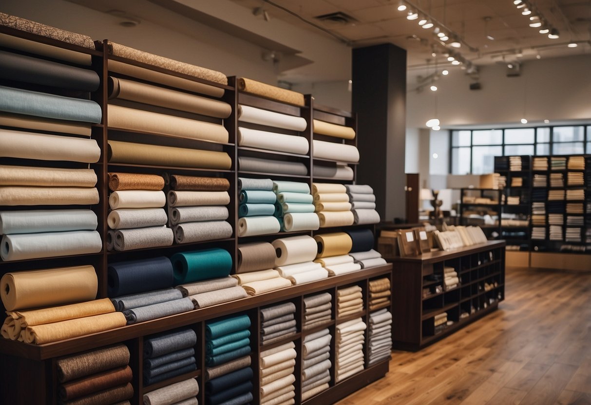 A furniture showroom with shelves of fabric rolls, swatches, and samples displayed. Bright lighting and a clean, organized layout
