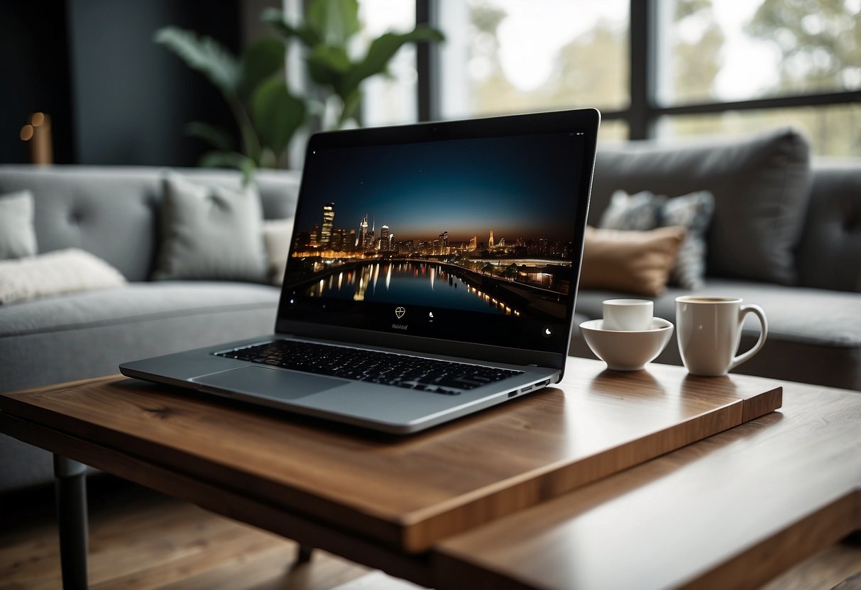 A laptop displaying an online furniture store with various items, a comfortable sofa, a modern dining table, and a sleek coffee table