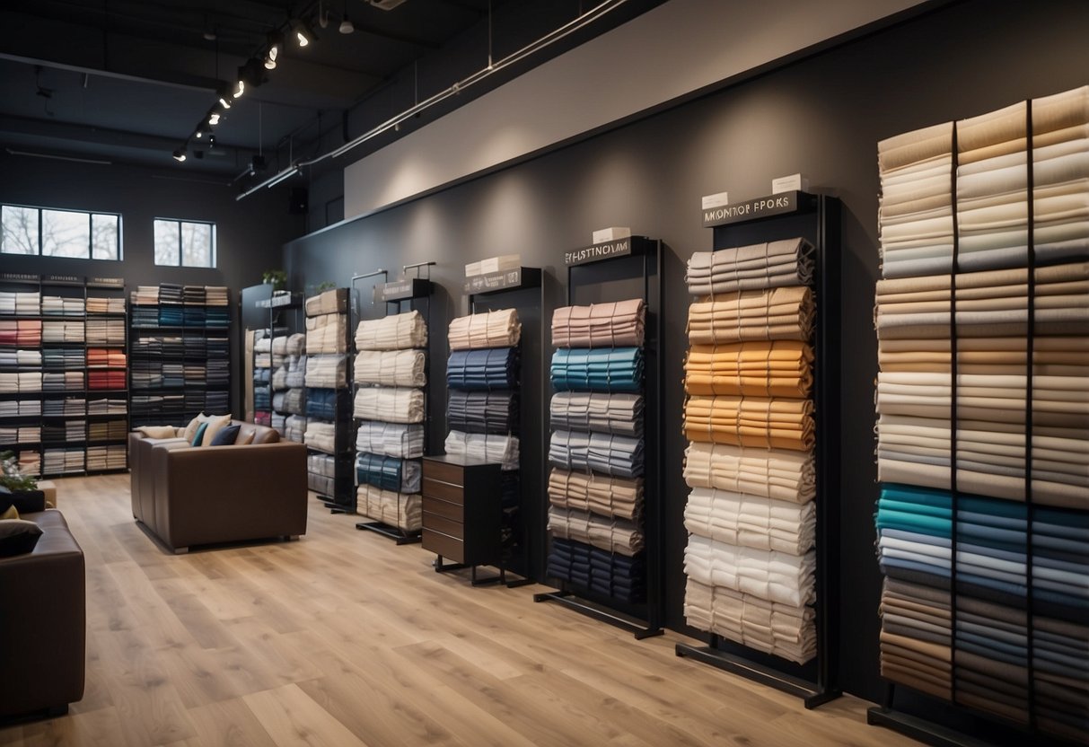 A showroom with various fabric swatches displayed on shelves, with signs indicating where to purchase the fabric for furniture