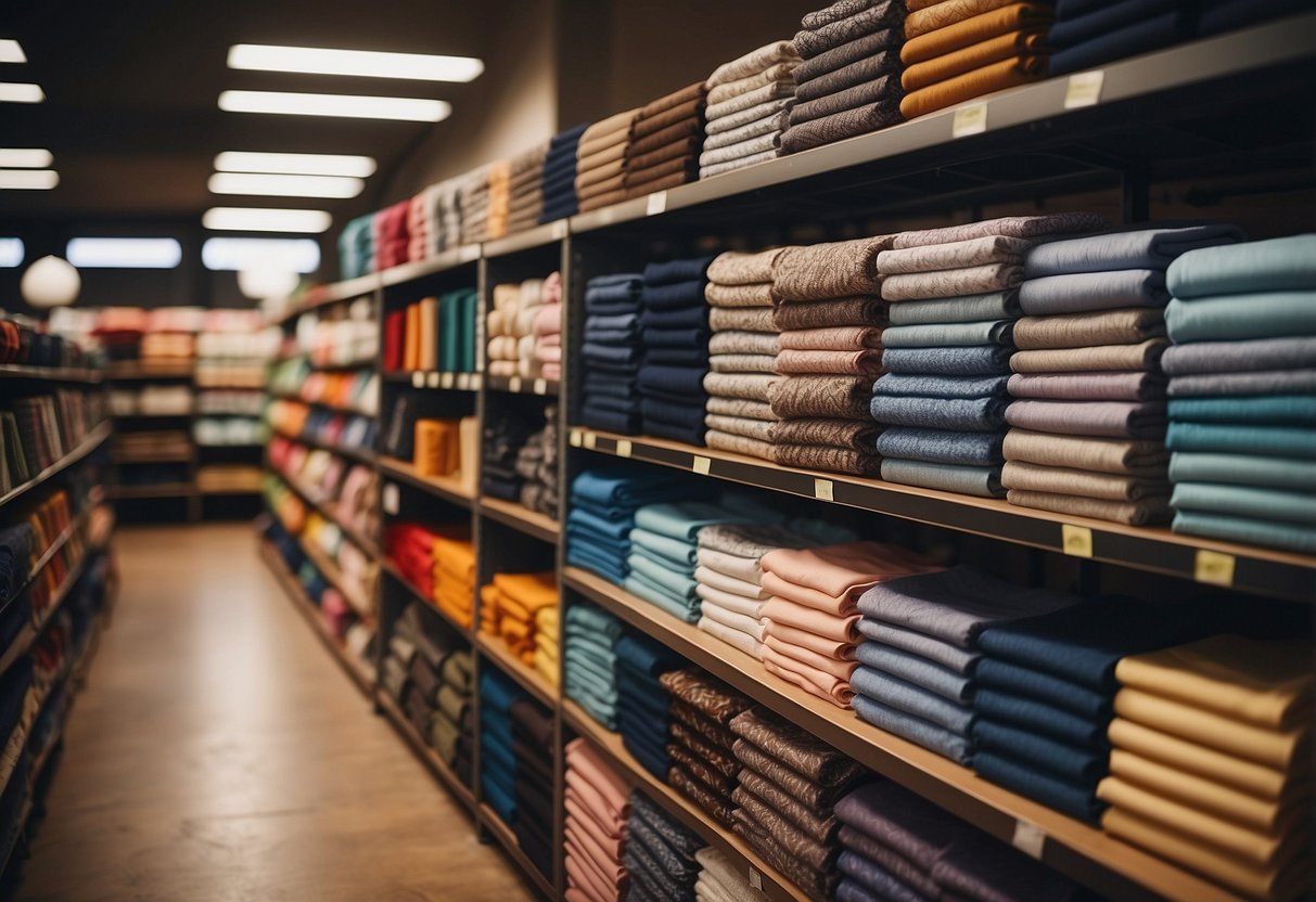 A cozy fabric store with rows of colorful furniture fabrics displayed on shelves and racks, with a variety of textures and patterns to choose from