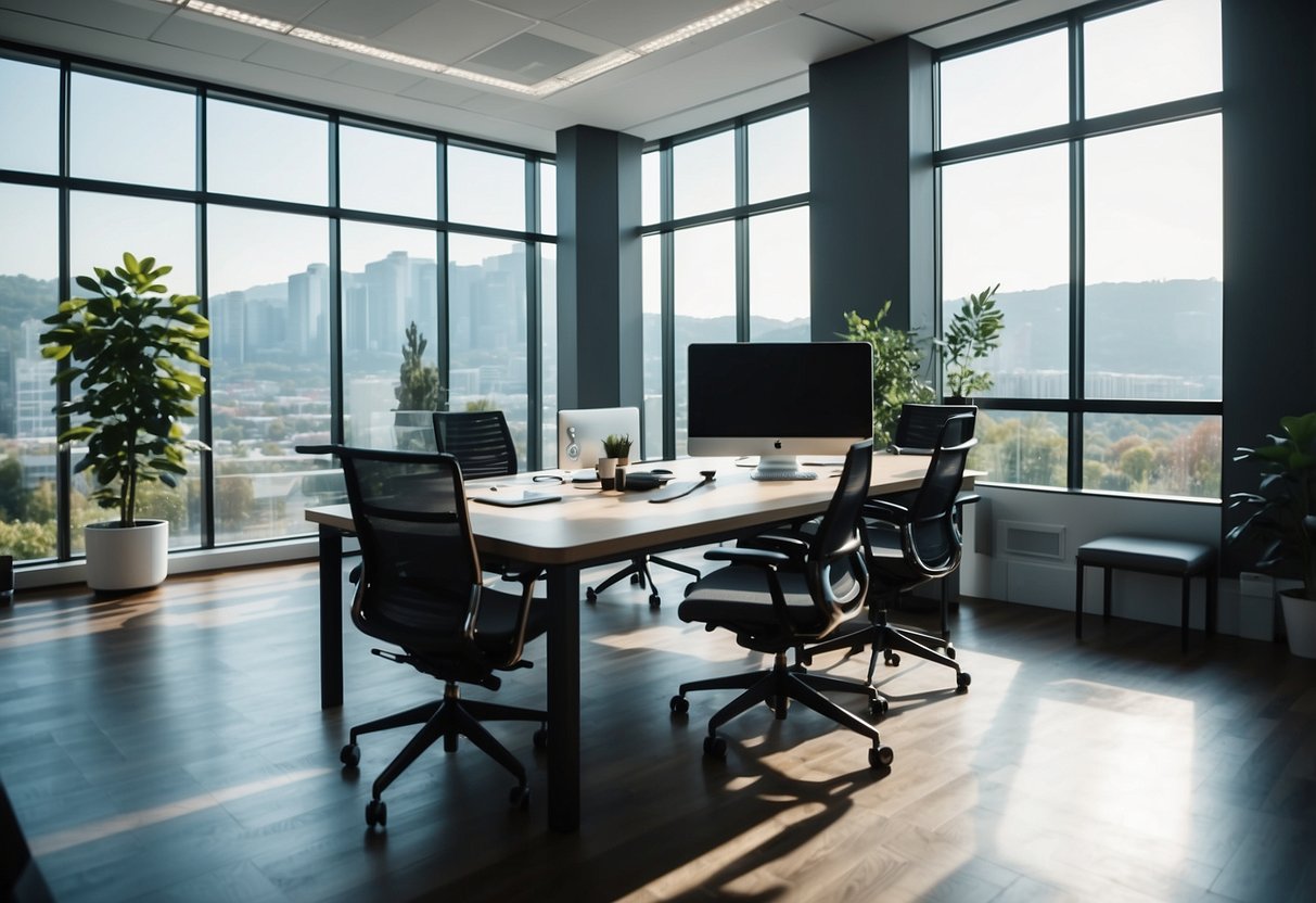 A modern office space with sleek, ergonomic furniture and a professional atmosphere. The room is well-lit with large windows and features a clean, minimalist design