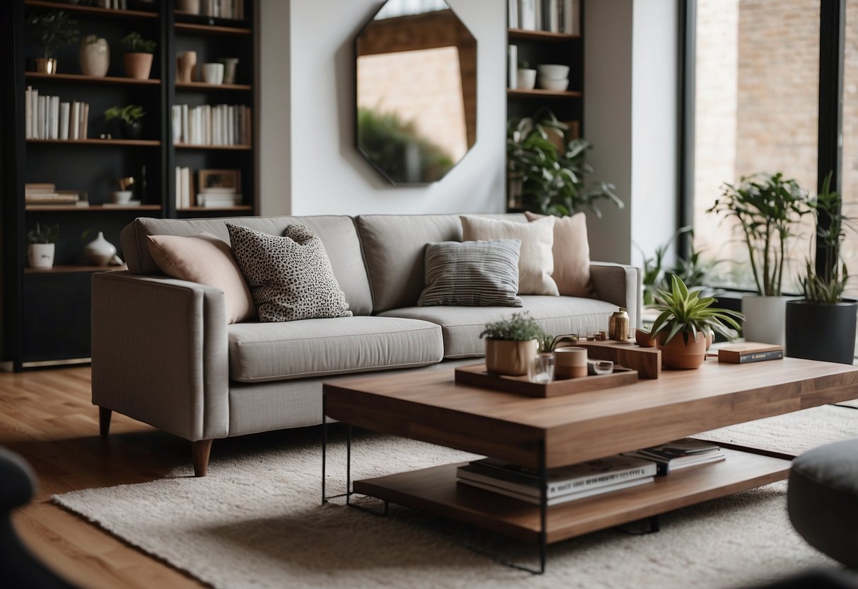 A cozy living room with modern furniture, including a sleek sofa, a stylish coffee table, and a bookshelf filled with decorative items