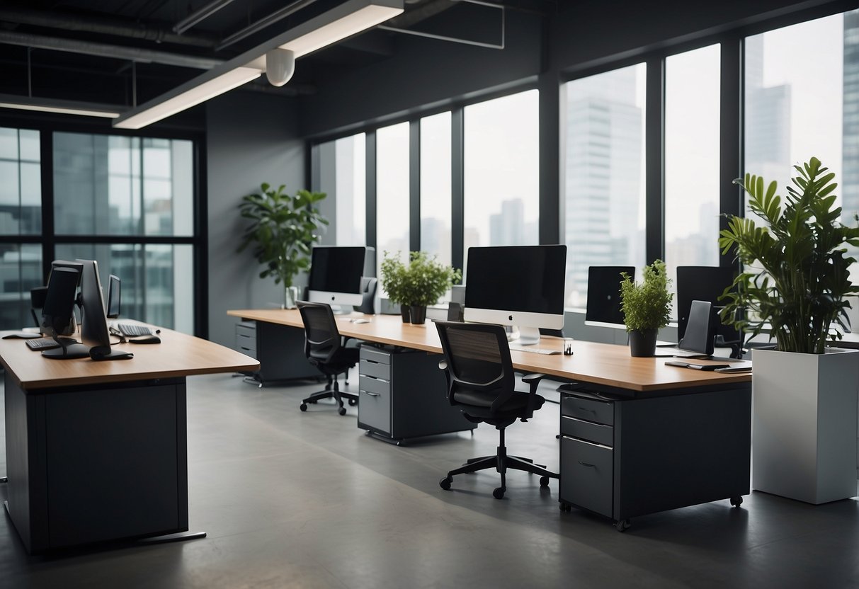 An office space with modern furniture, sleek desks, ergonomic chairs, and stylish storage units, creating a professional and inviting atmosphere