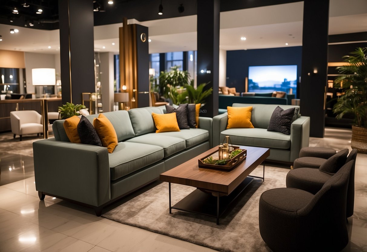 A modern showroom with sleek furniture displays and ambient lighting at Ashley Furniture Bangalore