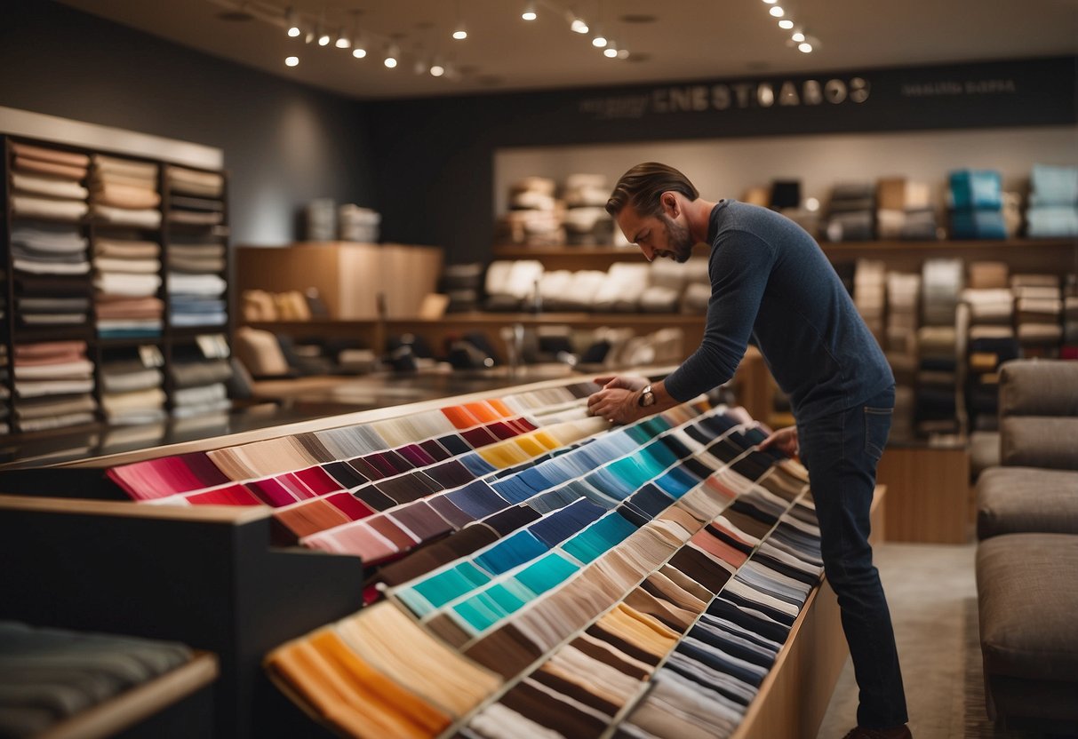 A customer browsing through fabric swatches at a furniture store, with a sign reading "Frequently Asked Questions: where to buy furniture fabric" prominently displayed nearby