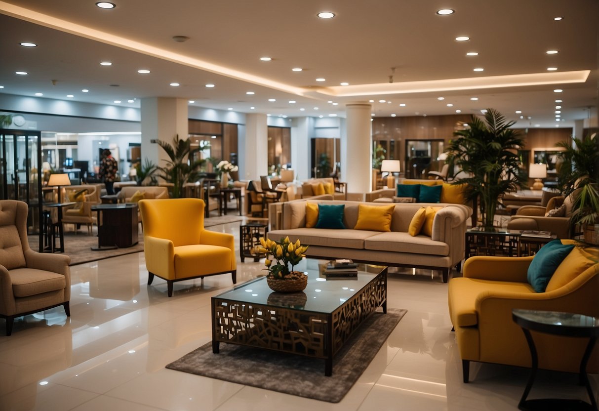 A bustling showroom in Bengaluru, filled with modern and elegant furniture displays. Bright lighting and spacious aisles invite customers to explore
