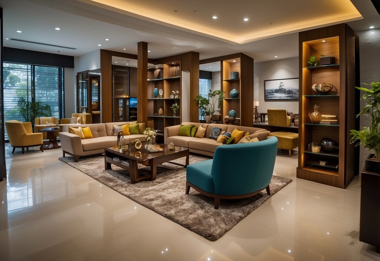 A wide display of modern and classic furniture pieces fills the showroom, showcasing the high-quality range of Ashley Furniture in Bangalore