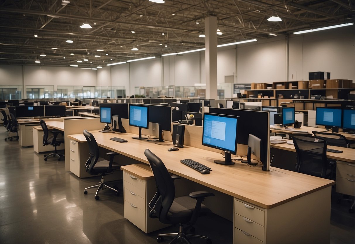 The Amercis Showroom and Warehouse bustles with modern office furniture displays and neatly organized inventory