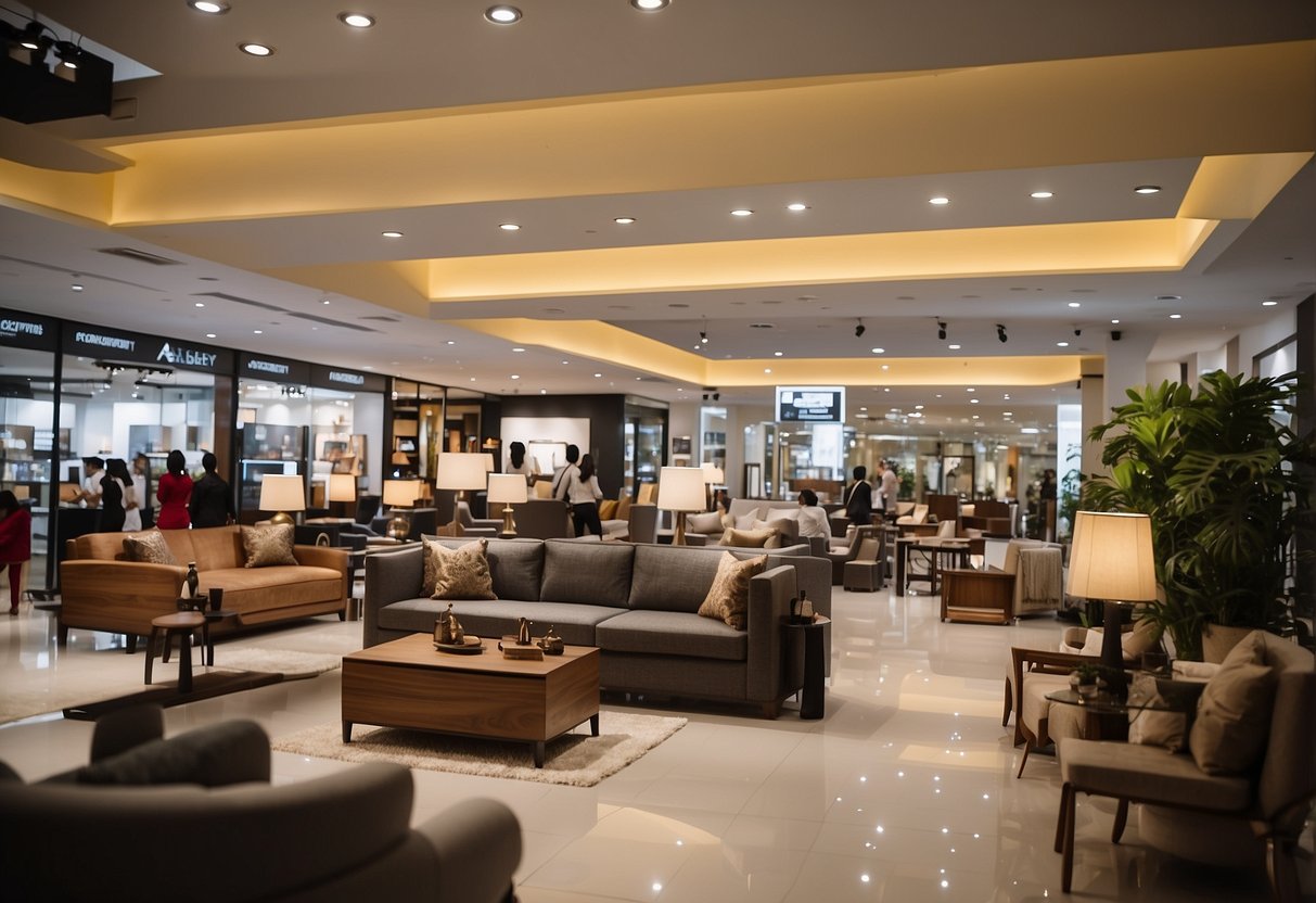 A busy furniture showroom with customers browsing, staff assisting, and signage displaying "Frequently Asked Questions" about Ashley furniture in Bangalore