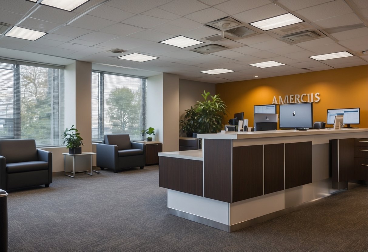An office with modern furniture, computers, and a reception desk. A sign on the wall reads "Frequently Asked Questions amercis office furniture llp."