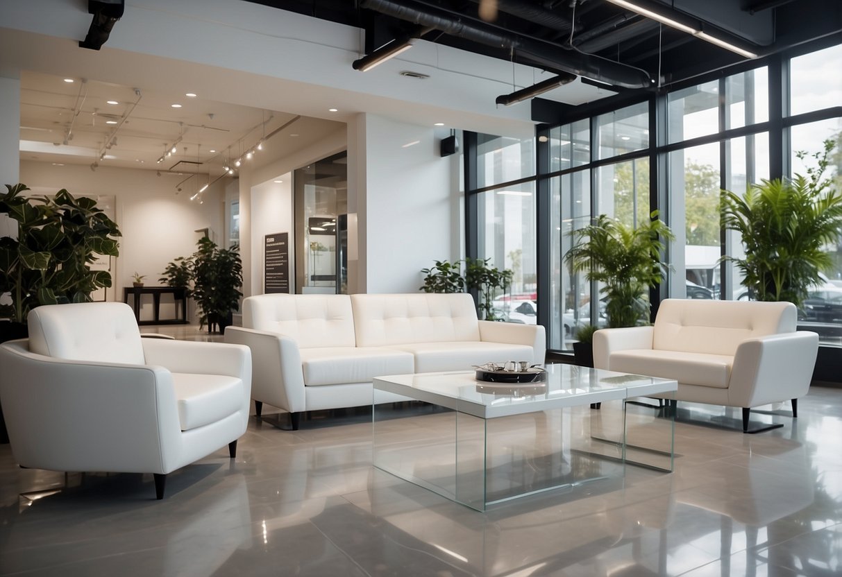A bright, modern showroom with white furniture and a sleek design. The space is filled with natural light, creating a welcoming and inviting atmosphere
