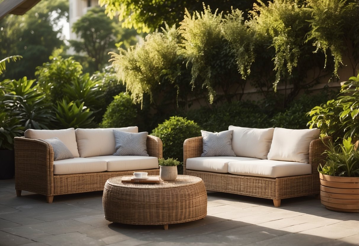 A cozy outdoor patio with wicker modular furniture arranged in a conversational seating layout, surrounded by lush greenery and bathed in warm natural light