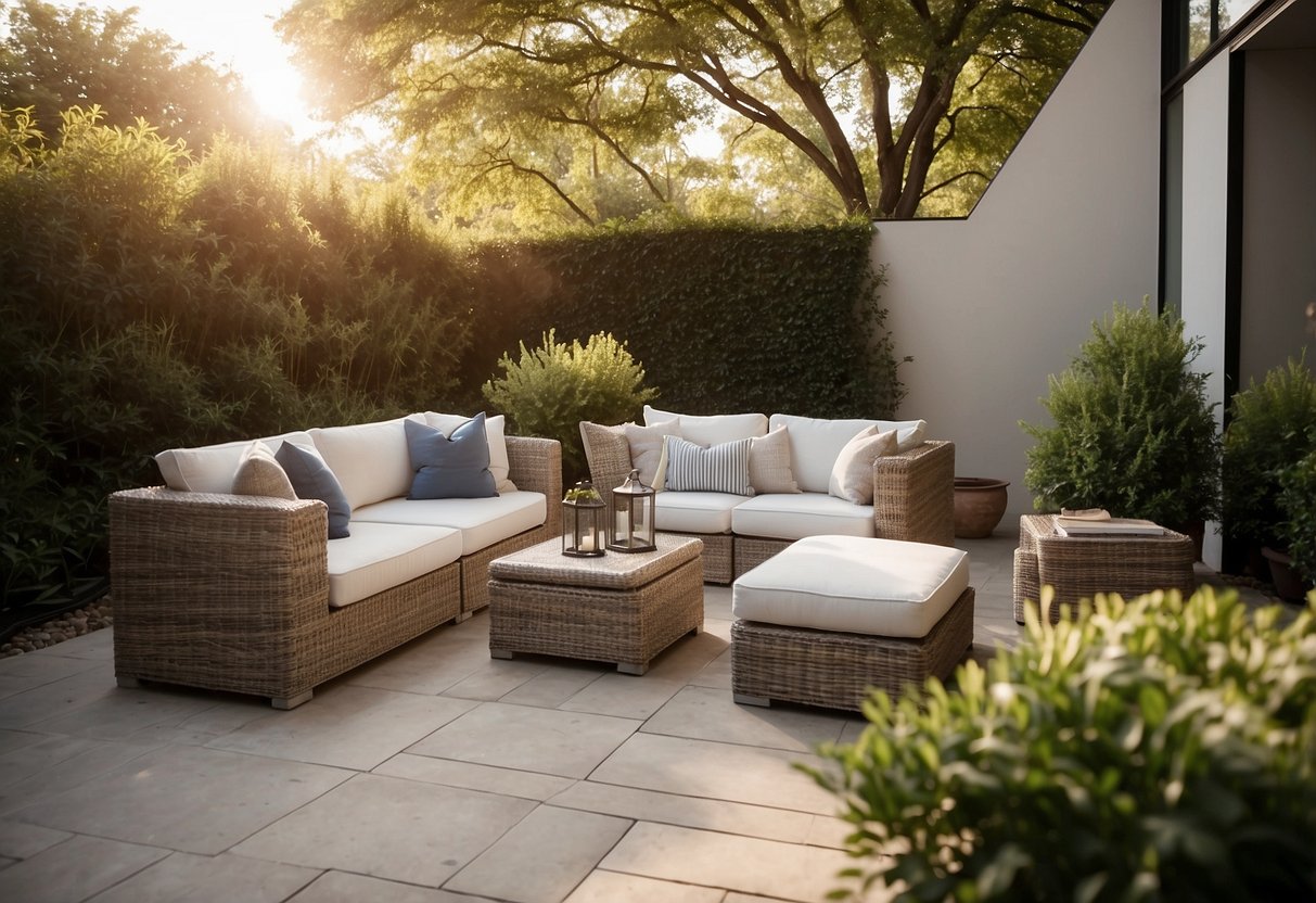 A spacious outdoor patio with wicker modular furniture arranged in a stylish and inviting manner. The furniture is made of high-quality materials, with attention to detail and craftsmanship evident in the design