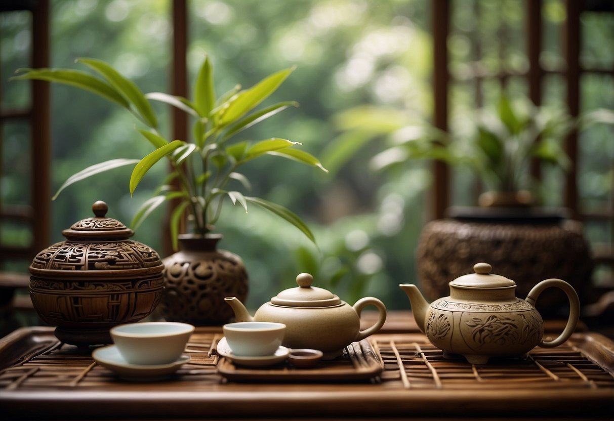 A serene bamboo garden with a traditional Asian tea set on a low table, surrounded by intricately carved wooden furniture and decorative screens