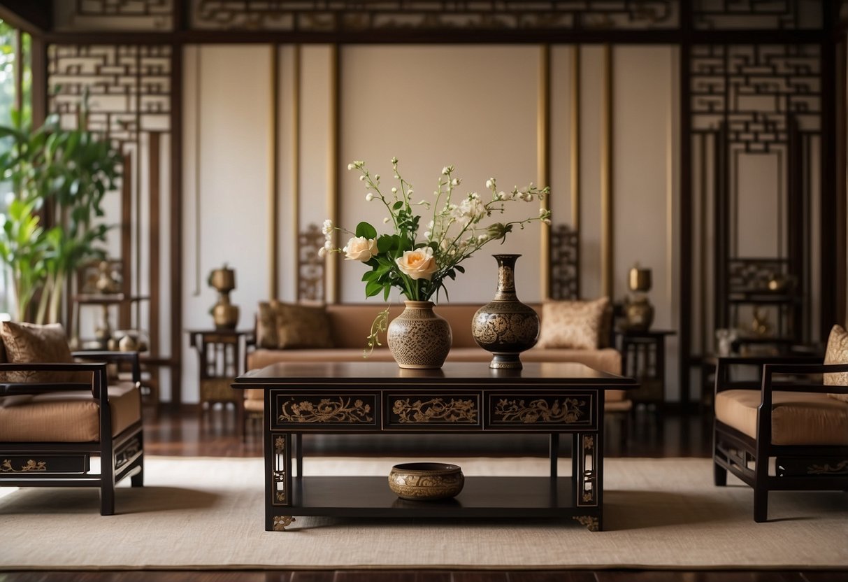 An elegant room with traditional Asian arts furniture, featuring intricate designs and materials like lacquer, silk, and wood