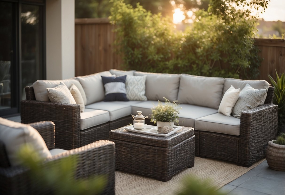 A patio with wicker modular outdoor furniture arranged for comfort and functionality, with cushions and accessories for a cozy atmosphere