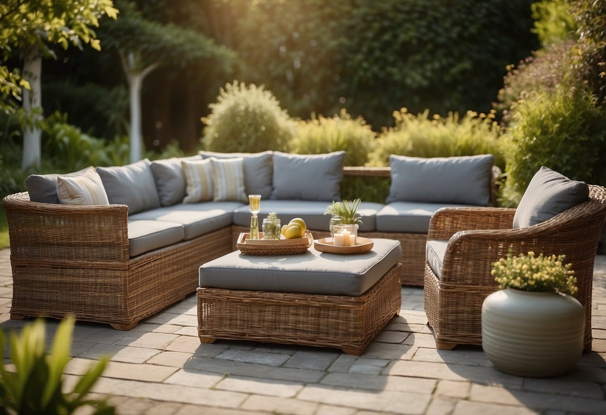 A wicker modular outdoor furniture set, with various pieces arranged in a versatile layout, surrounded by a lush garden and bathed in warm sunlight